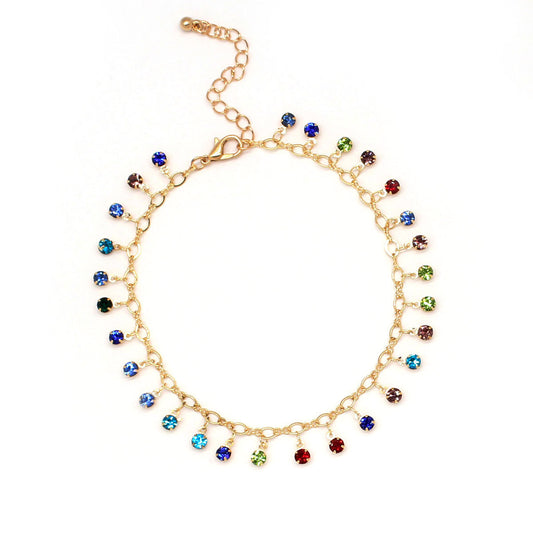 Crystal Micro-Pave Colorful Rhinestone Anklet for Women Geometric Style Alloy Anklet Beach Accessory