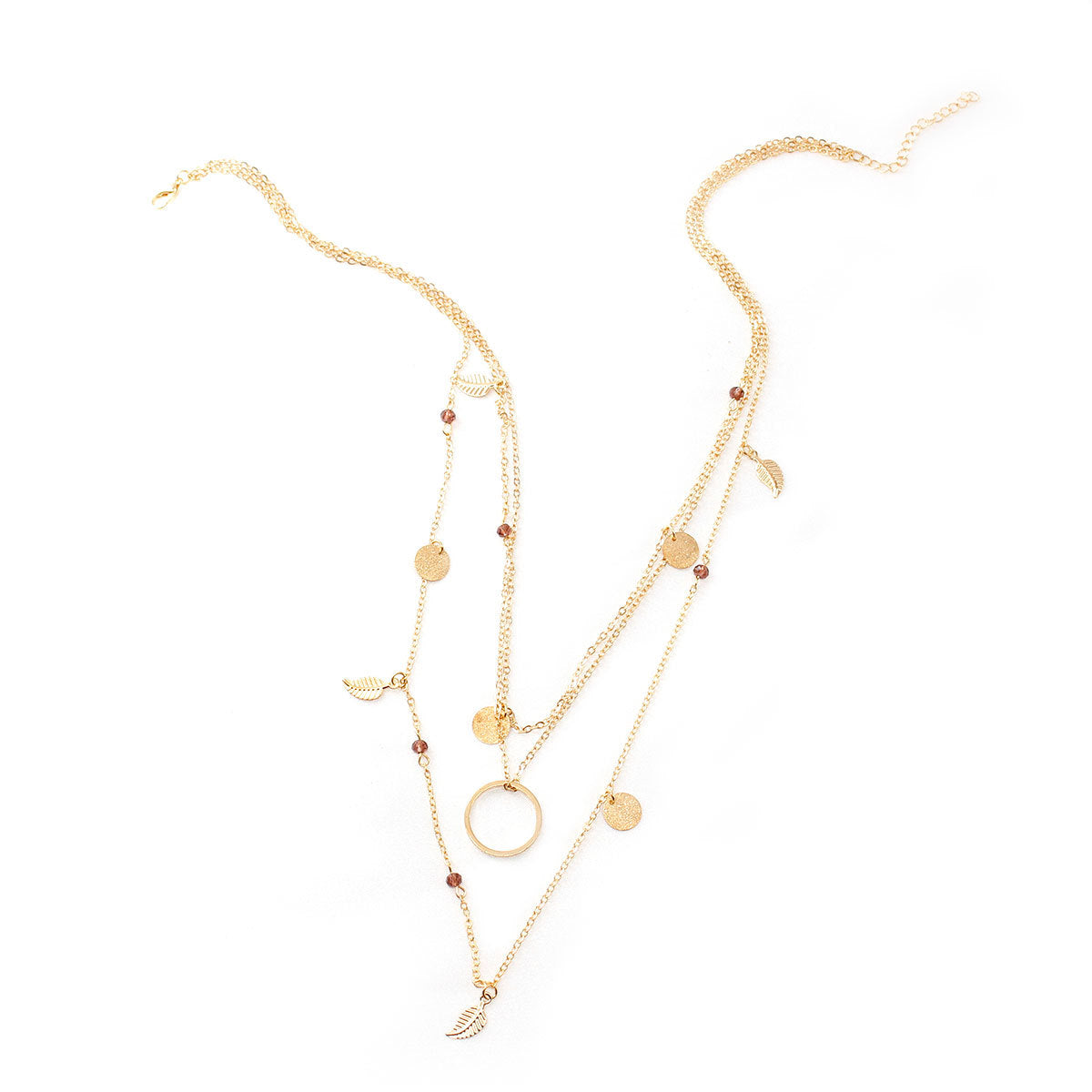 Handmade Multi-Element Necklace with Sequin Leaf Pendant and Tassel Charm Adjustable Alloy Chain