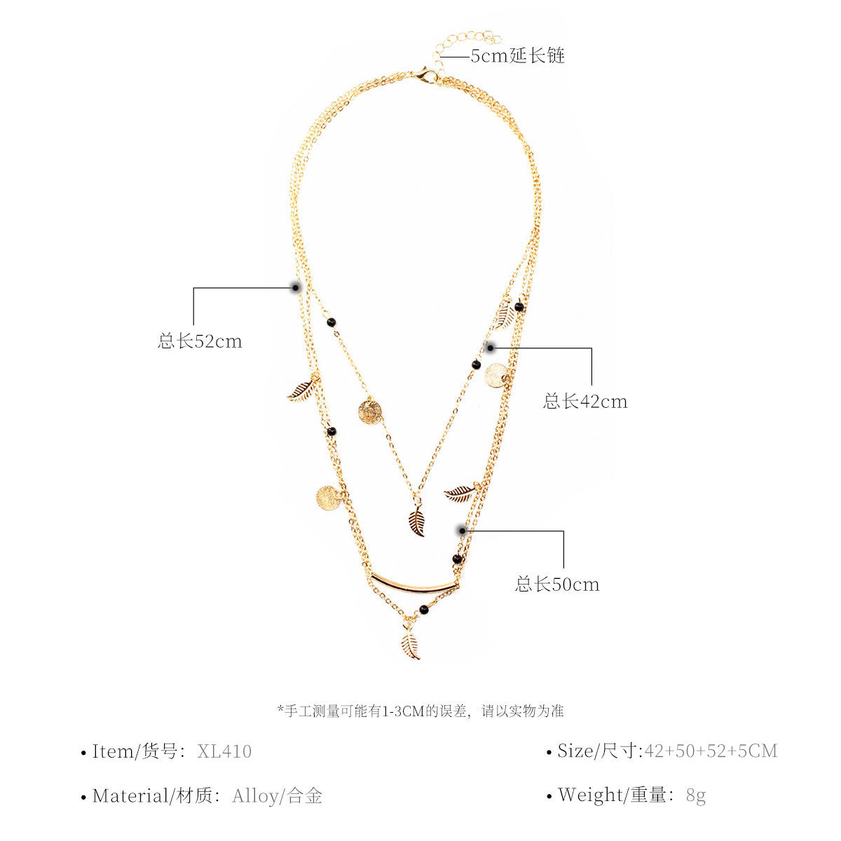 Women's Multi-Layer Leaf Pendant Necklace with Sequins and Tassels Alloy Teardrop Drop Necklace