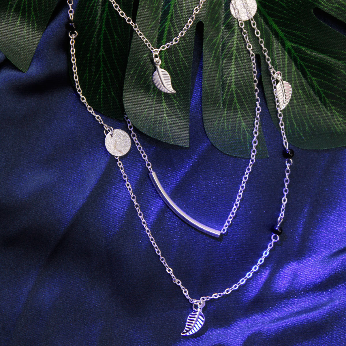 Women's Multi-Layer Leaf Pendant Necklace with Sequins and Tassels Alloy Teardrop Drop Necklace