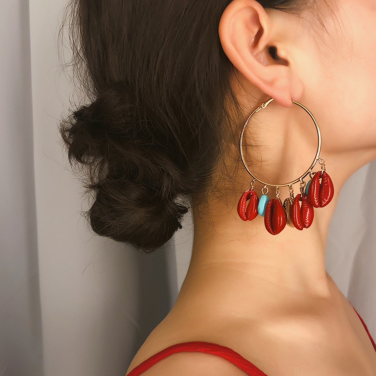 Bohemian Ethnic Round Geometric Turquoise Inlay Plated Brass Earrings for Women