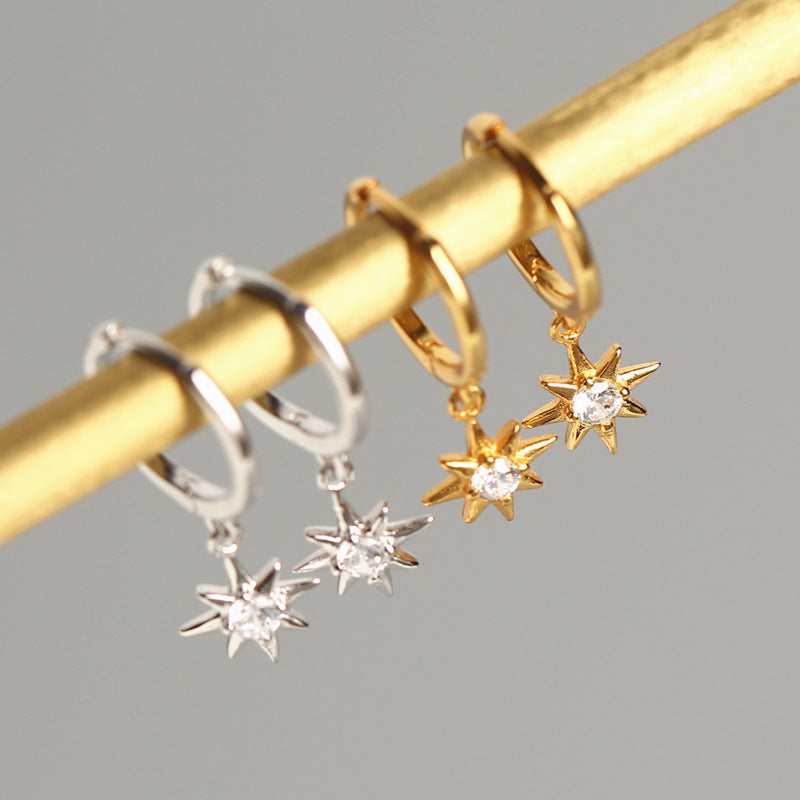 Sweet Streetwear 925 Sterling Silver Geometric Star Inlay Diamond Hoop Earrings