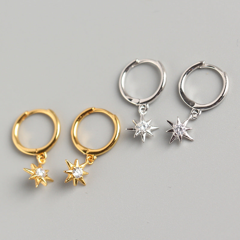 Sweet Streetwear 925 Sterling Silver Geometric Star Inlay Diamond Hoop Earrings