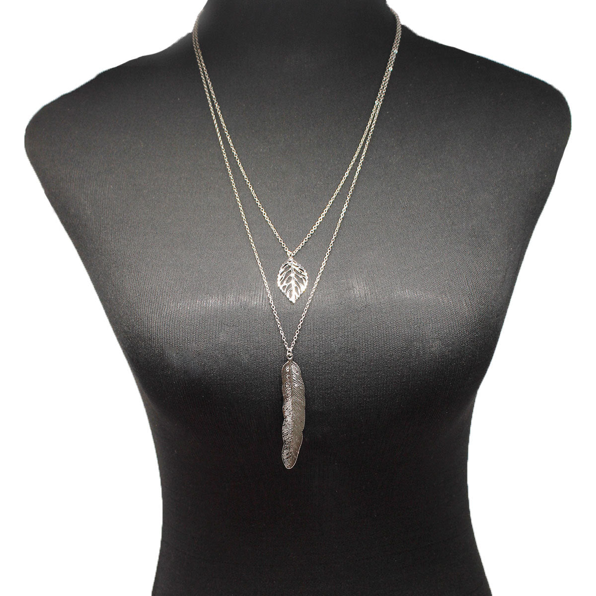 Statement Leaf Feather Necklace for Women Alloy Cross Chain Double Layer Clavicle Necklace