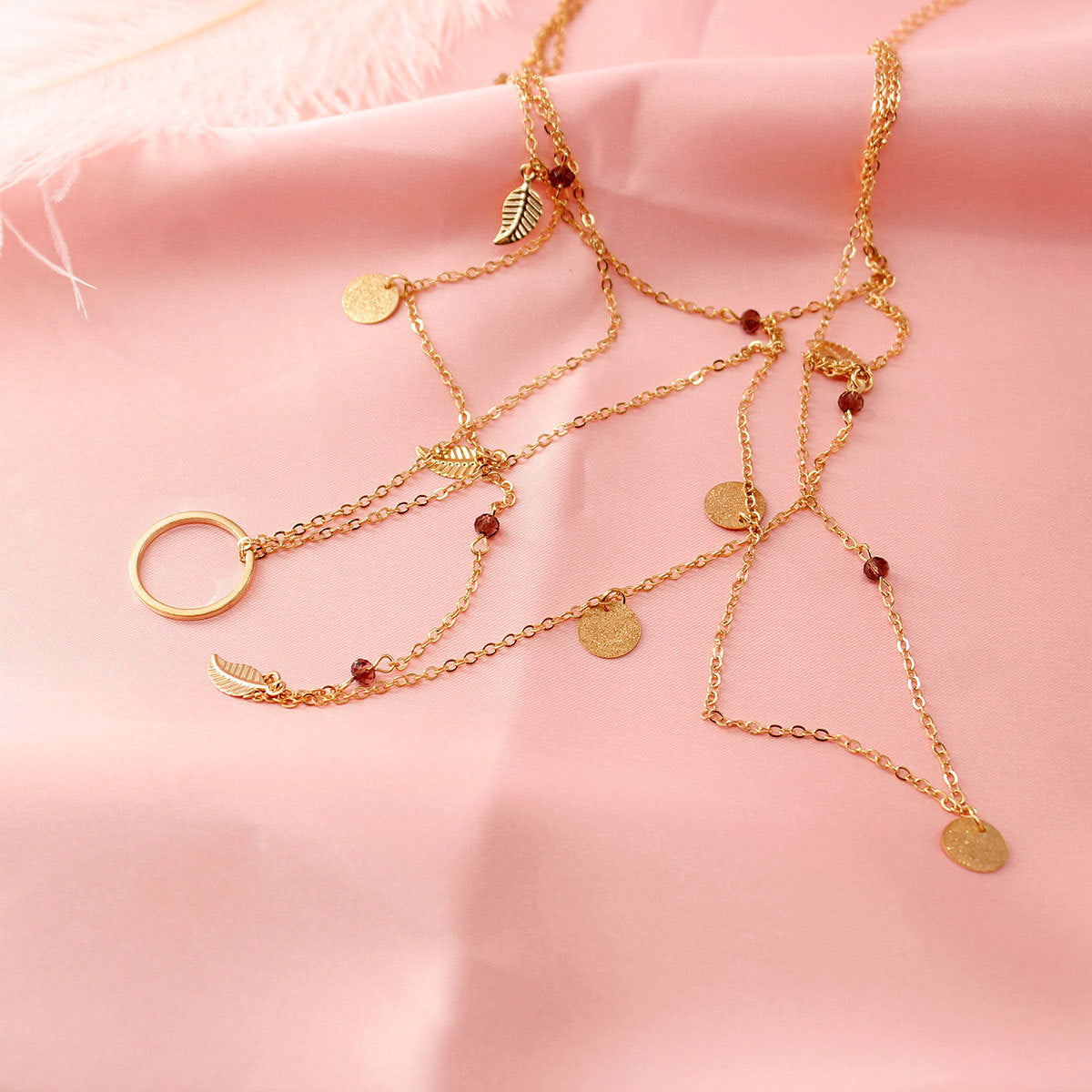 Handmade Multi-Element Necklace with Sequin Leaf Pendant and Tassel Charm Adjustable Alloy Chain