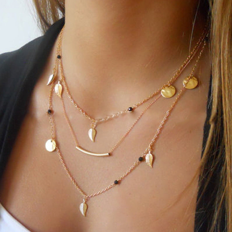 Women's Multi-Layer Leaf Pendant Necklace with Sequins and Tassels Alloy Teardrop Drop Necklace