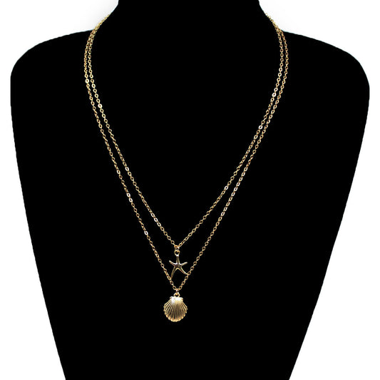 Shell Multi Layer Necklace for Women with Starfish Pendant Cross Chain Minimalist Fashion Clavicle Jewelry