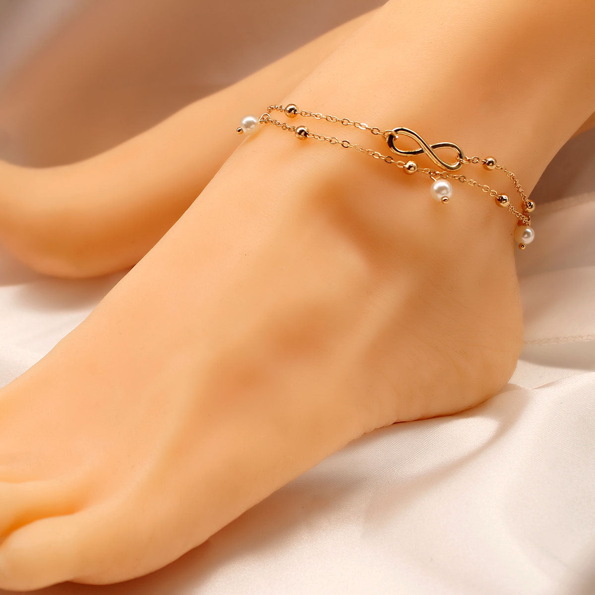 Women's Western Style Pearl Anklet with Letter and Number Charm Handmade Multi-Layer Beach Anklet