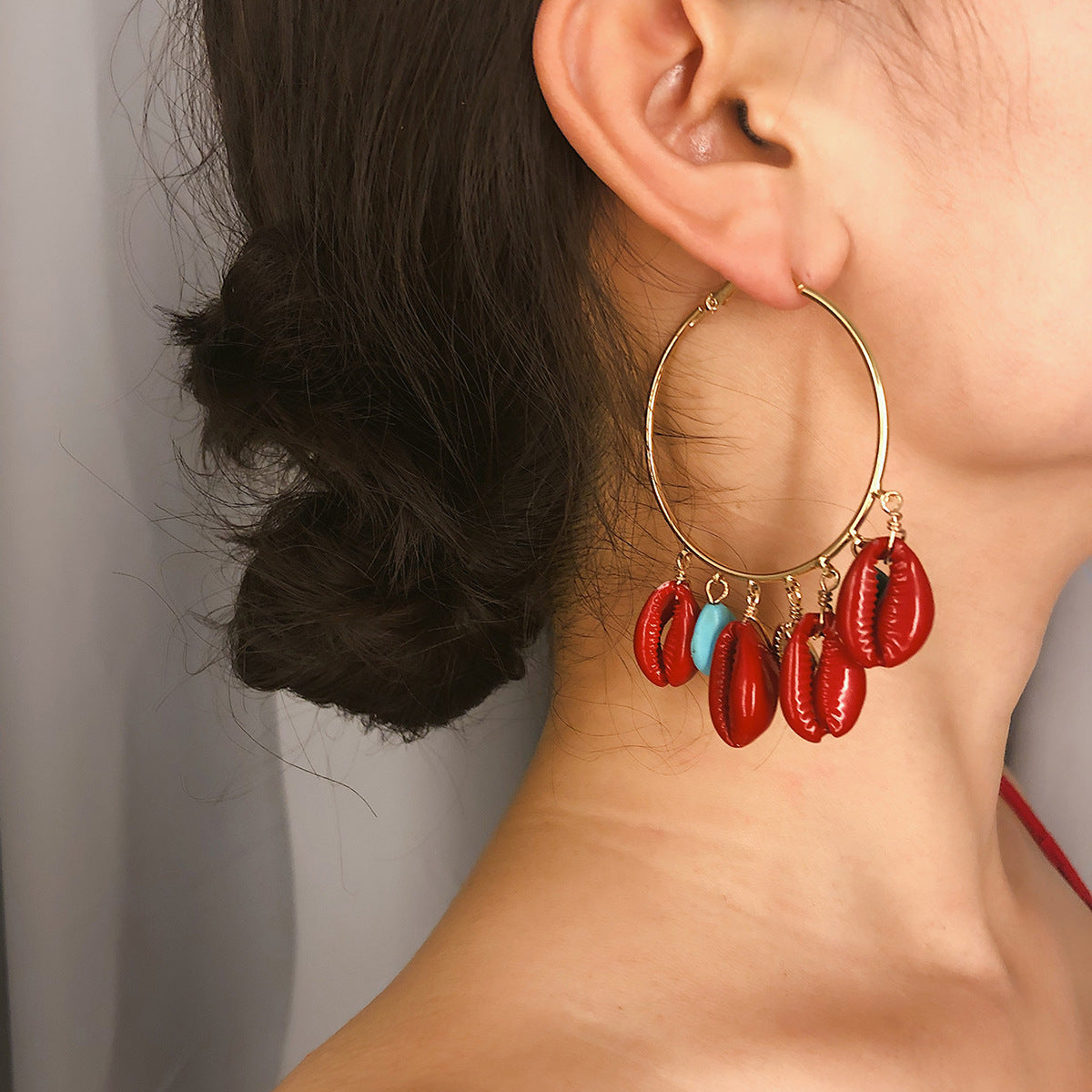 Bohemian Ethnic Round Geometric Turquoise Inlay Plated Brass Earrings for Women