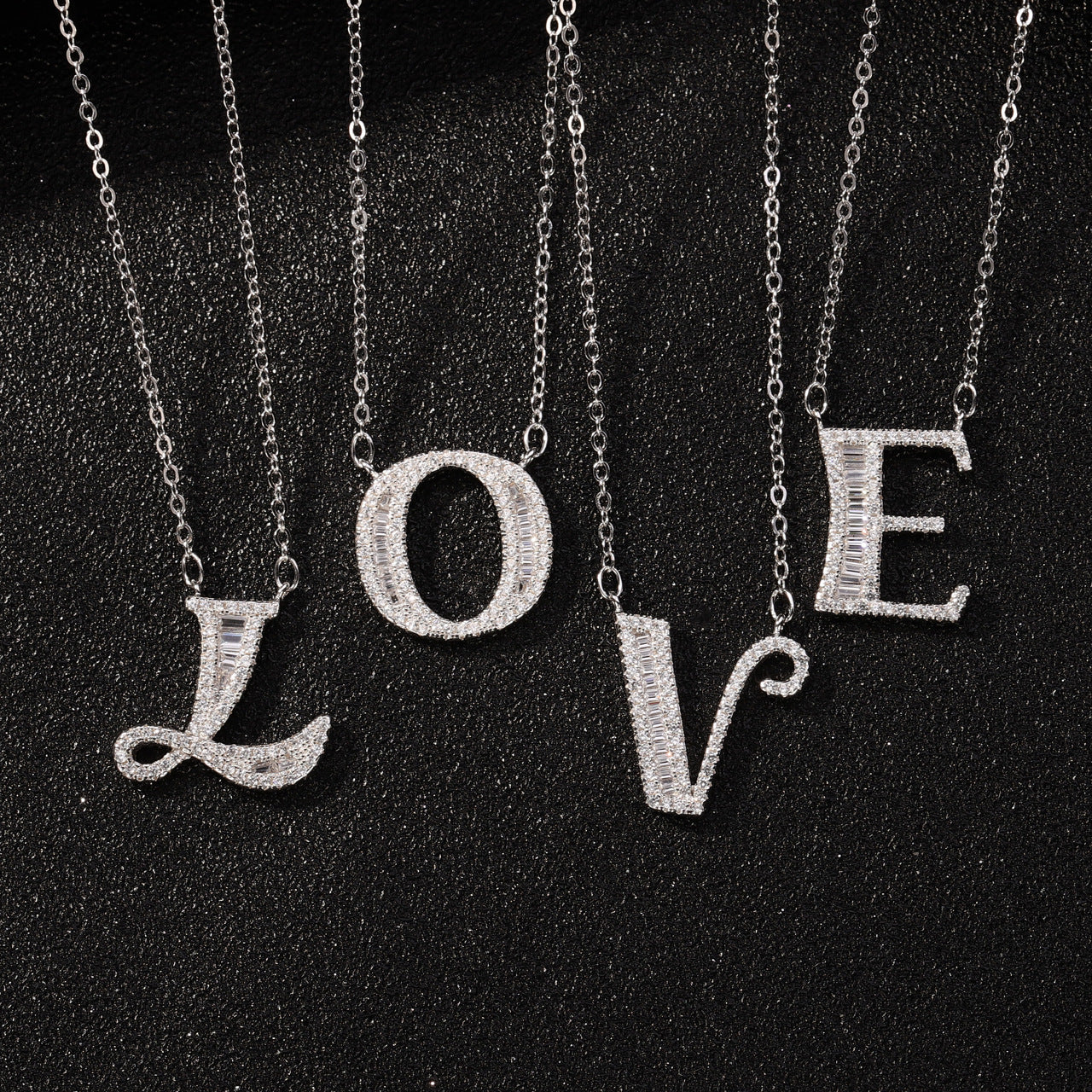 Minimalist Sweet S925 Sterling Silver Square Letter Pendant Necklace with Cubic Zirconia Plated Curb Chain for Women