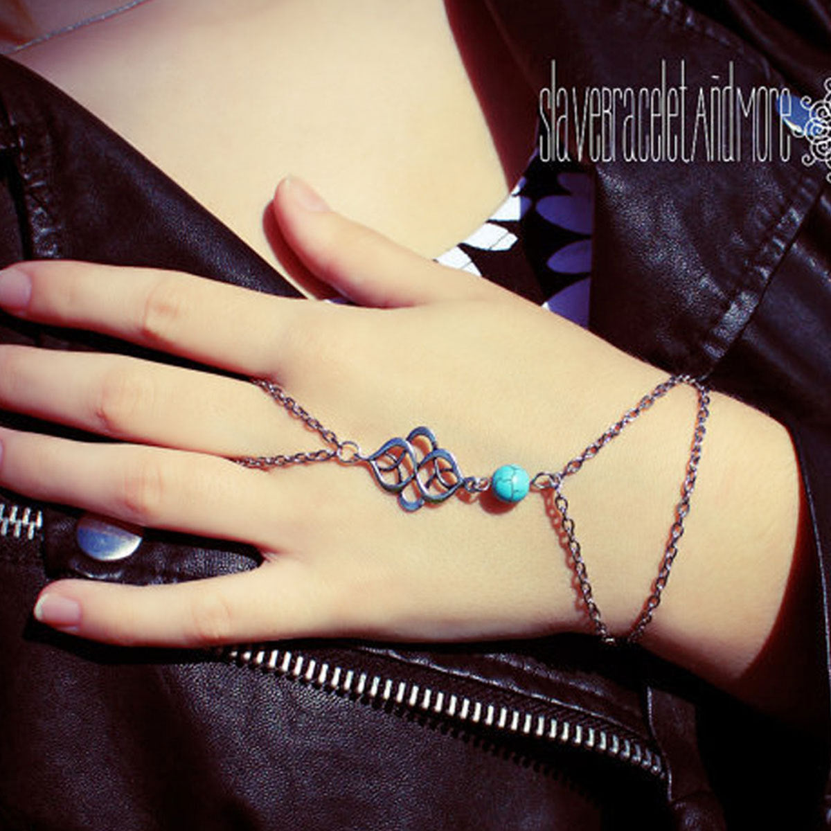 Turquoise-Inspired Lucky Charm Linked Finger Bracelet for Women Fashion Jewelry