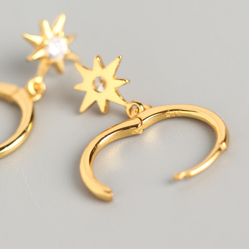 Sweet Streetwear 925 Sterling Silver Geometric Star Inlay Diamond Hoop Earrings