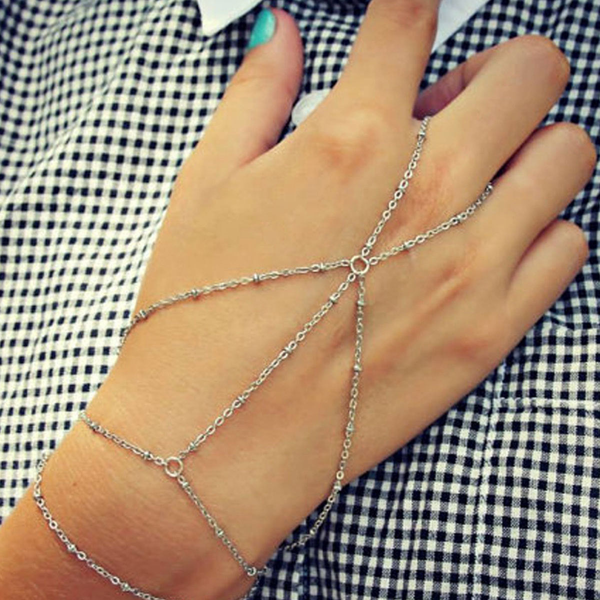 Minimalist Nature Inspired Geometric Copper Bead Linked Finger Bracelet for Women Fresh Sweet Style Hand Jewelry