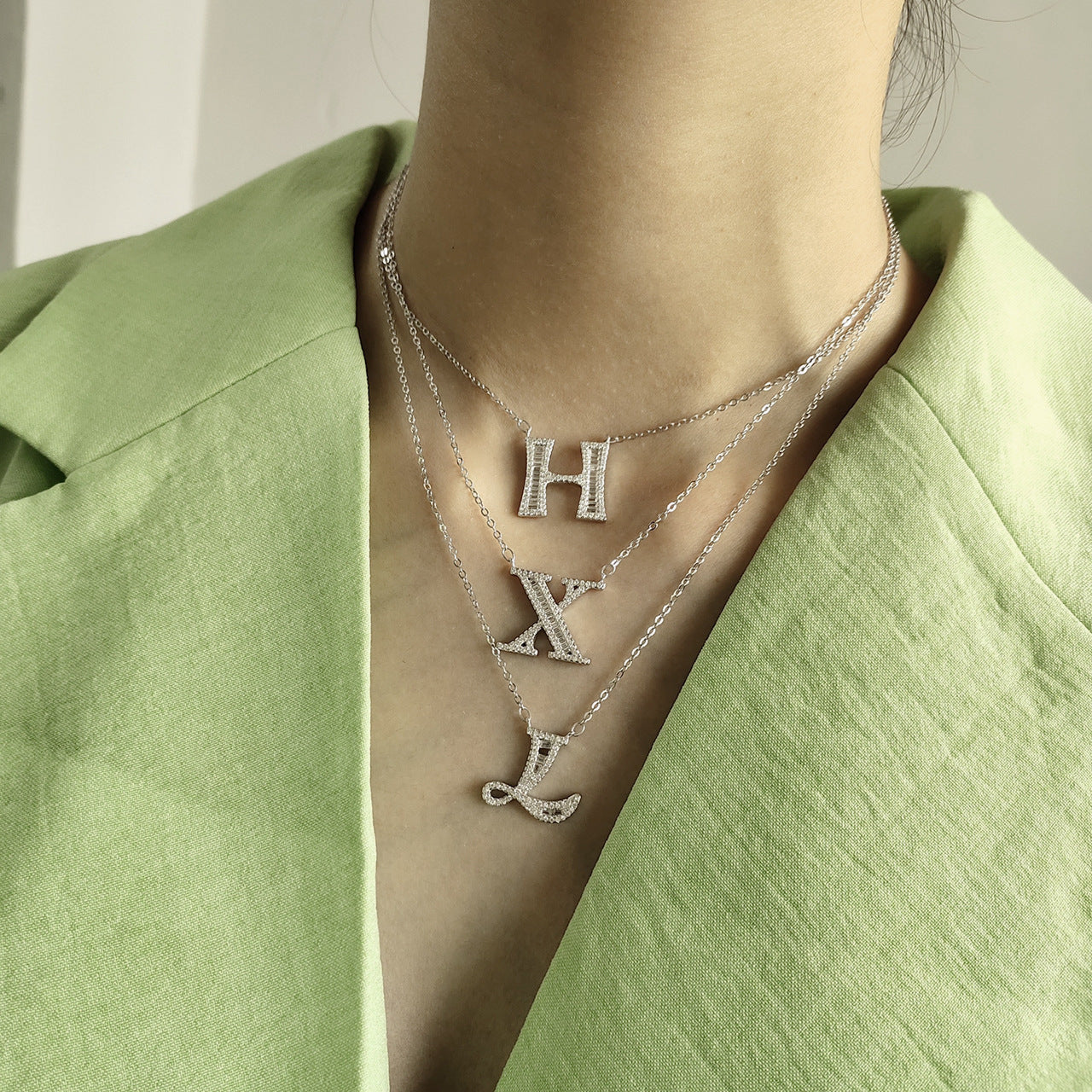 Minimalist Sweet S925 Sterling Silver Square Letter Pendant Necklace with Cubic Zirconia Plated Curb Chain for Women