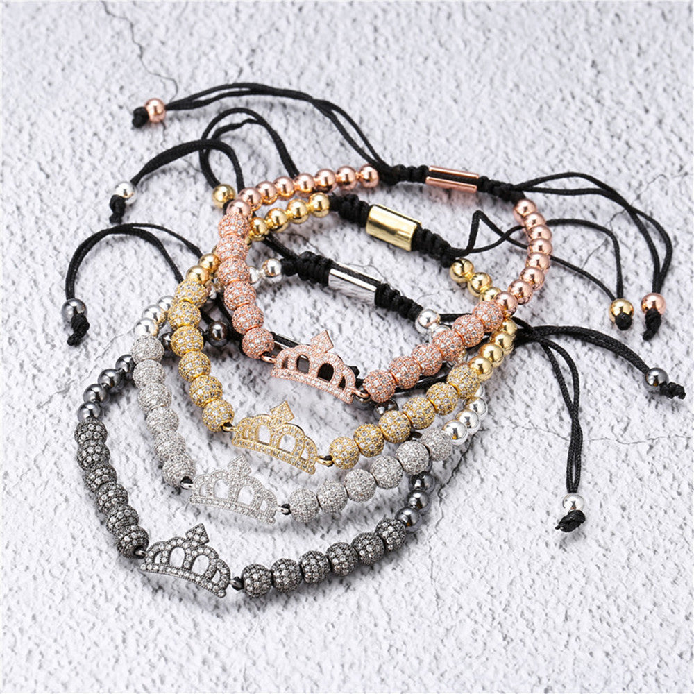 Micro-Paved Rhinestone Geometric Round Brass Beaded Bracelet