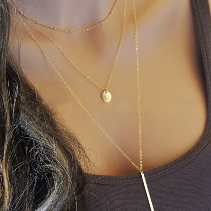 Layered Short Teardrop Necklace with Sequins Beaded Alloy Chain Electroplated Women's Fashion Jewelry