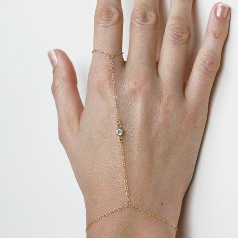 Women's Geometric Crystal Rhinestone Inlay Bracelet Ring Combo Hand Chain Fashion Jewelry