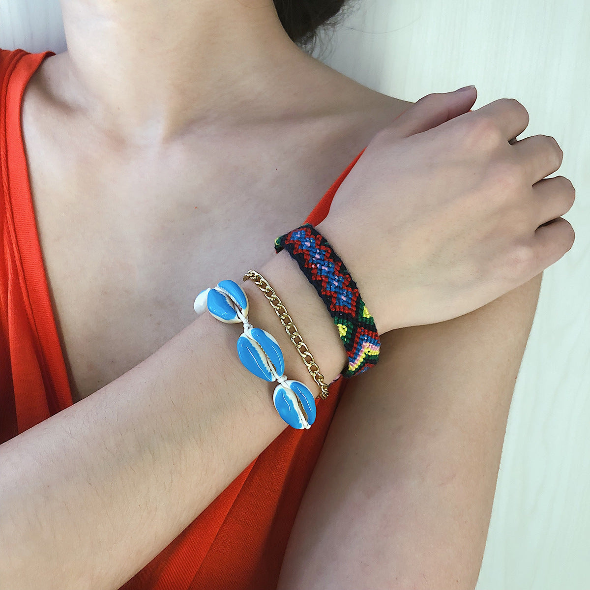 Bohemian Geometric Alloy Plated Drip Oil Shell Multi-layer Bracelet for Women