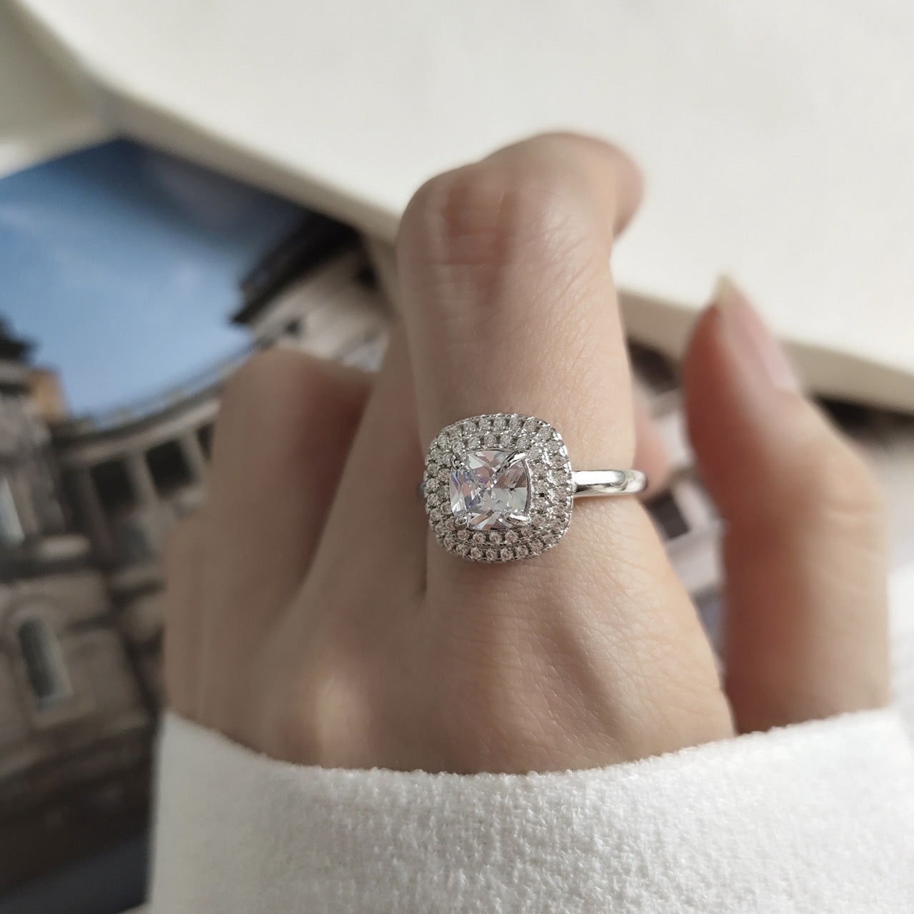 Minimalist Sweet 925 Sterling Silver Geometric Plated Ring with Cubic Zirconia