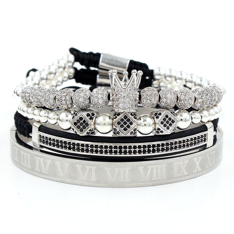 Vintage Punk Geometric Crown Brass Micro-inlay Cubic Zirconia Stainless Steel Braided Bracelet Set for Unisex