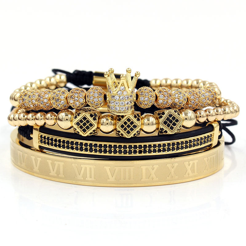 Vintage Punk Geometric Crown Brass Micro-inlay Cubic Zirconia Stainless Steel Braided Bracelet Set for Unisex