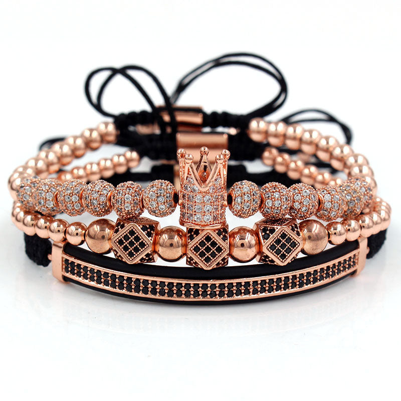 Fashion Business Casual Geometric Moon Crown Micro-inlay Cubic Zirconia Brass Bracelet Set with Double Row Paved Diamonds