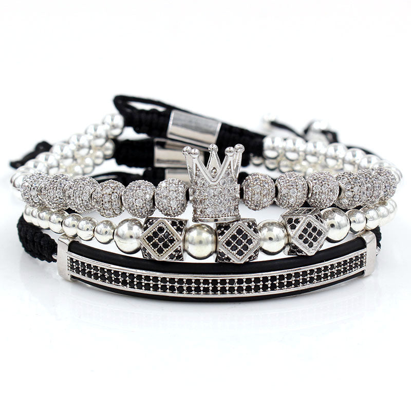 Fashion Business Casual Geometric Moon Crown Micro-inlay Cubic Zirconia Brass Bracelet Set with Double Row Paved Diamonds