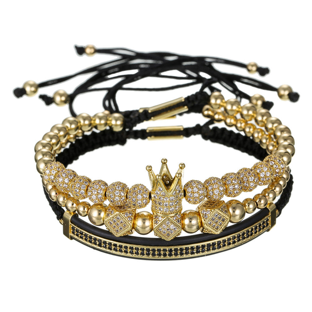 Fashion Business Casual Geometric Moon Crown Micro-inlay Cubic Zirconia Brass Bracelet Set with Double Row Paved Diamonds