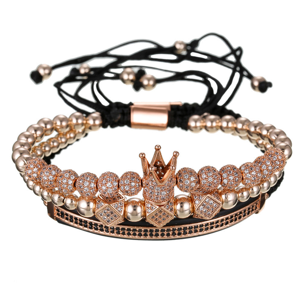 Fashion Business Casual Geometric Moon Crown Micro-inlay Cubic Zirconia Brass Bracelet Set with Double Row Paved Diamonds