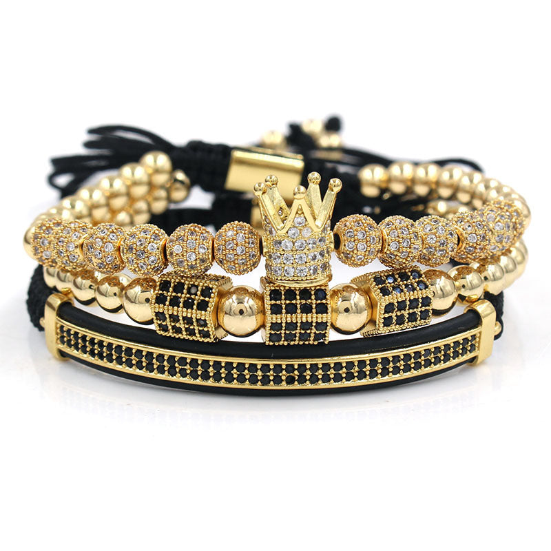 Fashion Commuter Geometric Micro-pave Cubic Zirconia Brass Bracelet Set with Crown Moon and Hexagonal Prism Elements