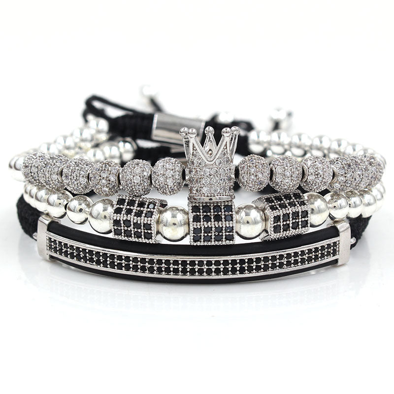 Fashion Commuter Geometric Micro-pave Cubic Zirconia Brass Bracelet Set with Crown Moon and Hexagonal Prism Elements