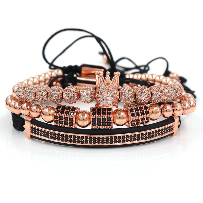 Fashion Commuter Geometric Micro-pave Cubic Zirconia Brass Bracelet Set with Crown Moon and Hexagonal Prism Elements
