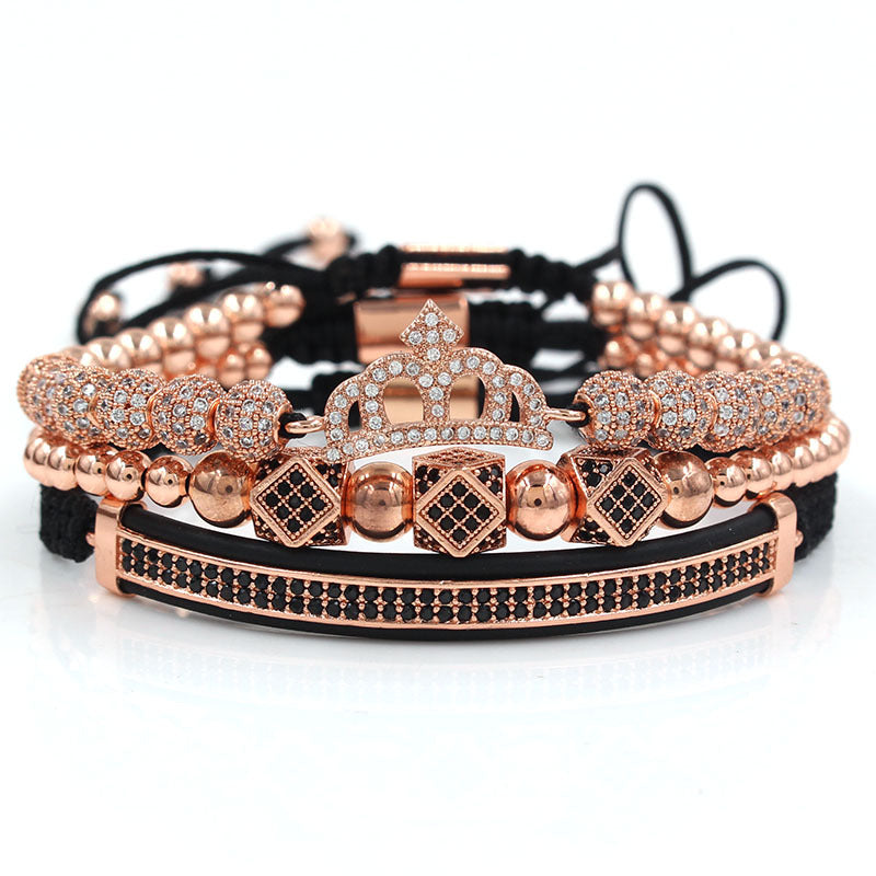 Unique Geometric Crown Moon Micro-pave Cubic Zirconia Brass Bracelet Set