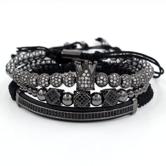 Fashion Business Casual Geometric Moon Crown Micro-inlay Cubic Zirconia Brass Bracelet Set with Double Row Paved Diamonds