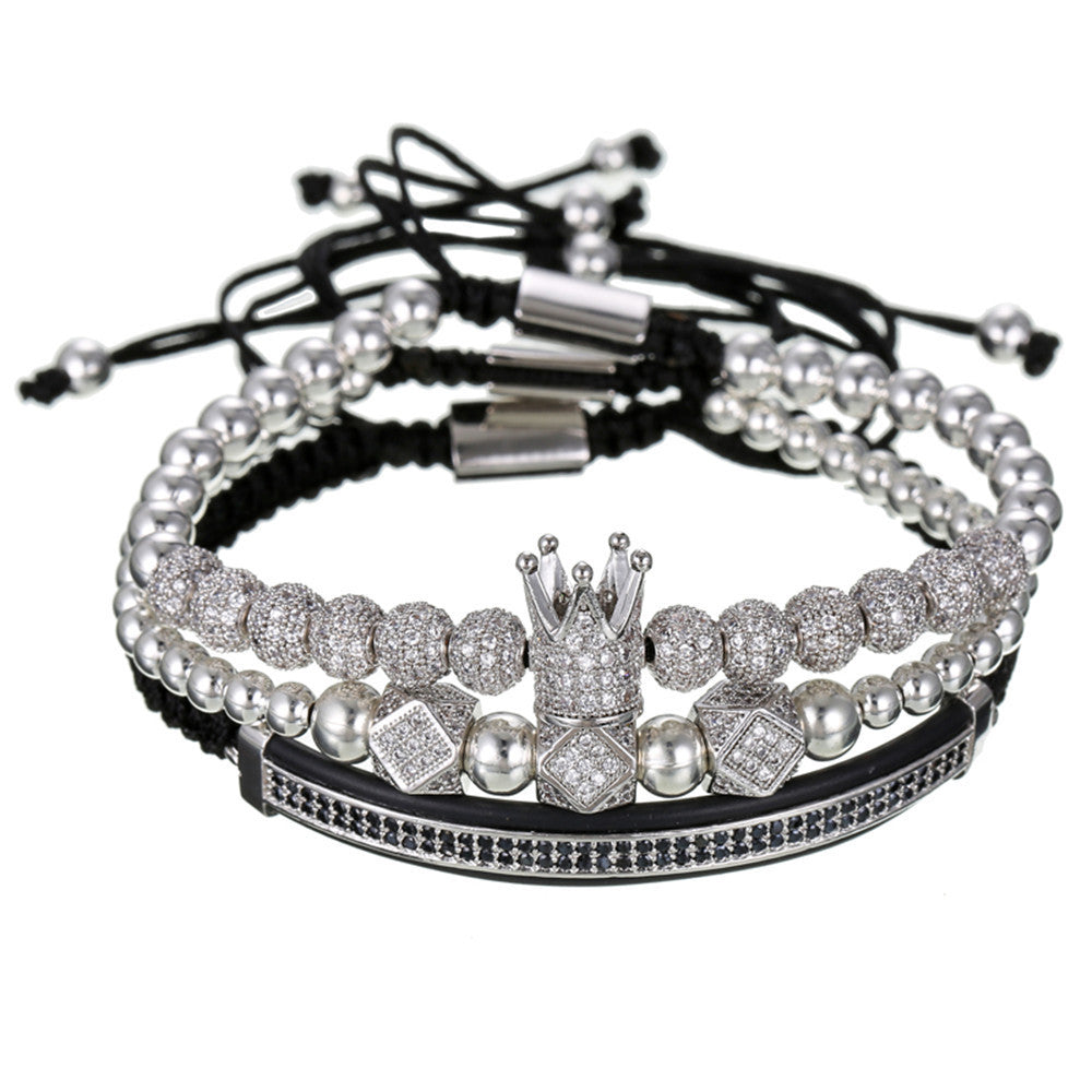 Fashion Business Casual Geometric Moon Crown Micro-inlay Cubic Zirconia Brass Bracelet Set with Double Row Paved Diamonds