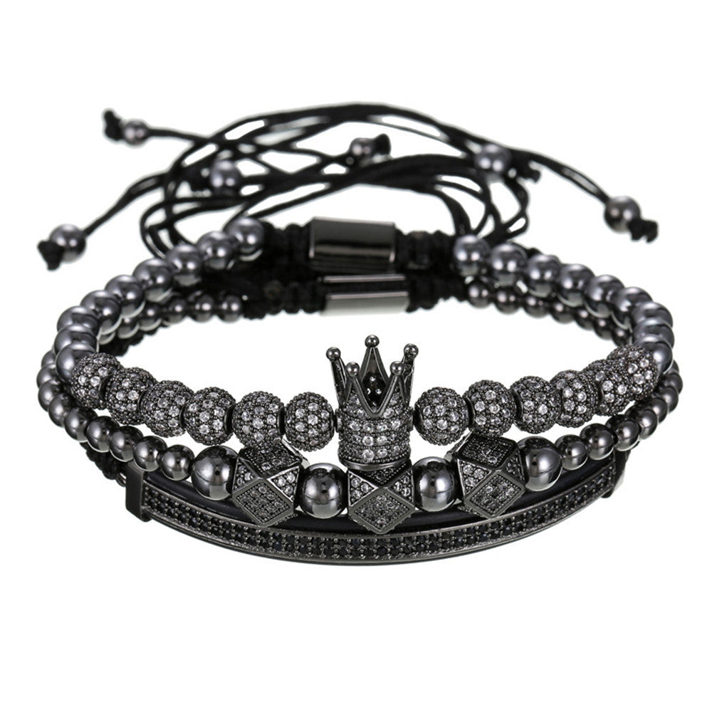 Fashion Business Casual Geometric Moon Crown Micro-inlay Cubic Zirconia Brass Bracelet Set with Double Row Paved Diamonds