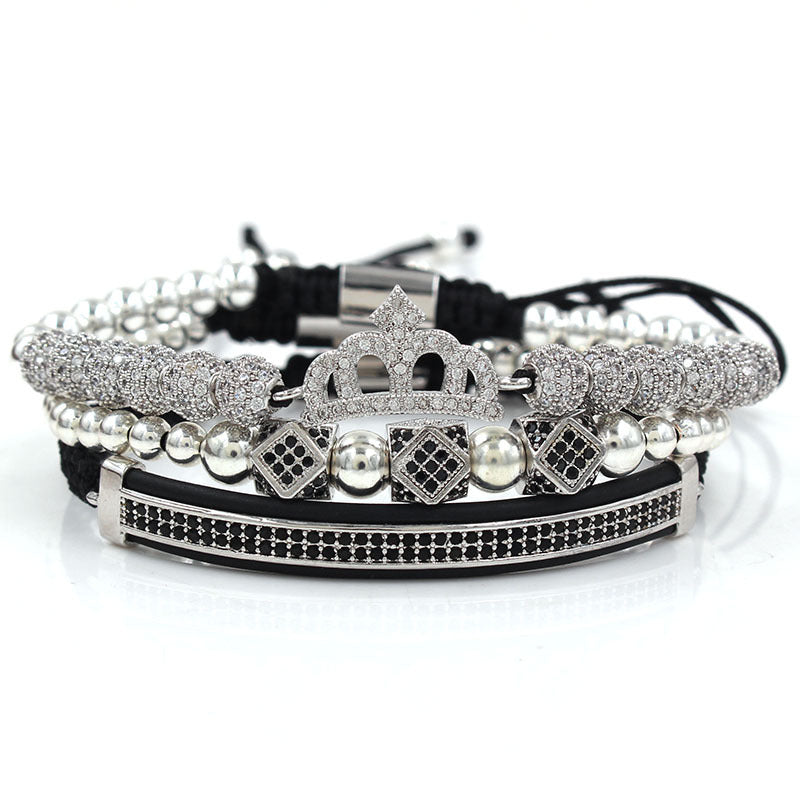 Unique Geometric Crown Moon Micro-pave Cubic Zirconia Brass Bracelet Set