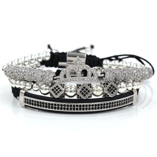 Unique Geometric Crown Moon Micro-pave Cubic Zirconia Brass Bracelet Set