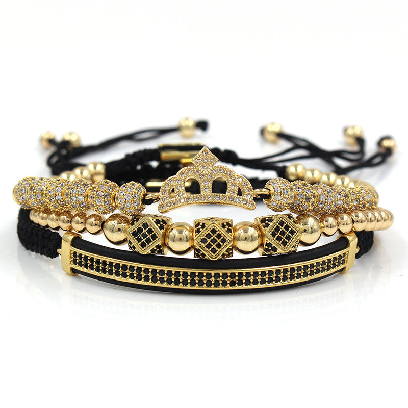 Unique Geometric Crown Moon Micro-pave Cubic Zirconia Brass Bracelet Set