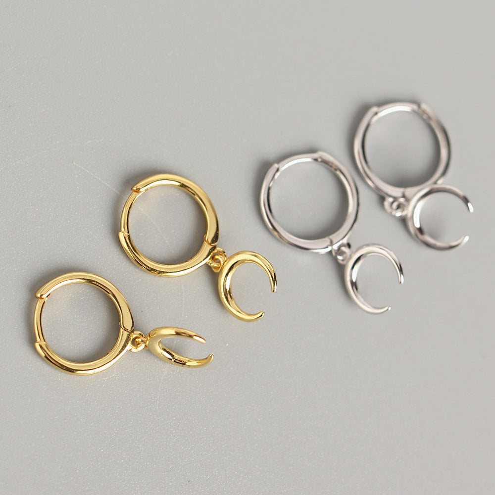 Sweet Minimalist 925 Sterling Silver Moon Geometric Polished Hoop Earrings for Women