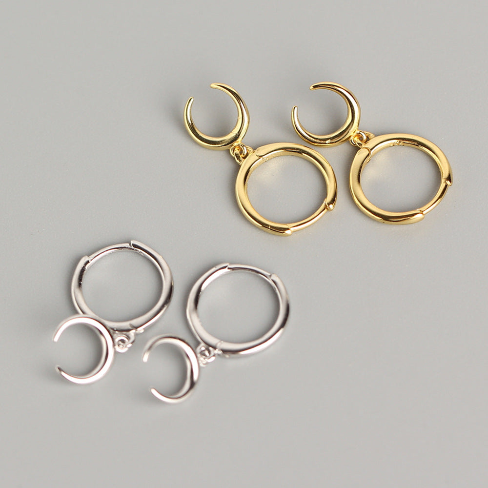 Sweet Minimalist 925 Sterling Silver Moon Geometric Polished Hoop Earrings for Women