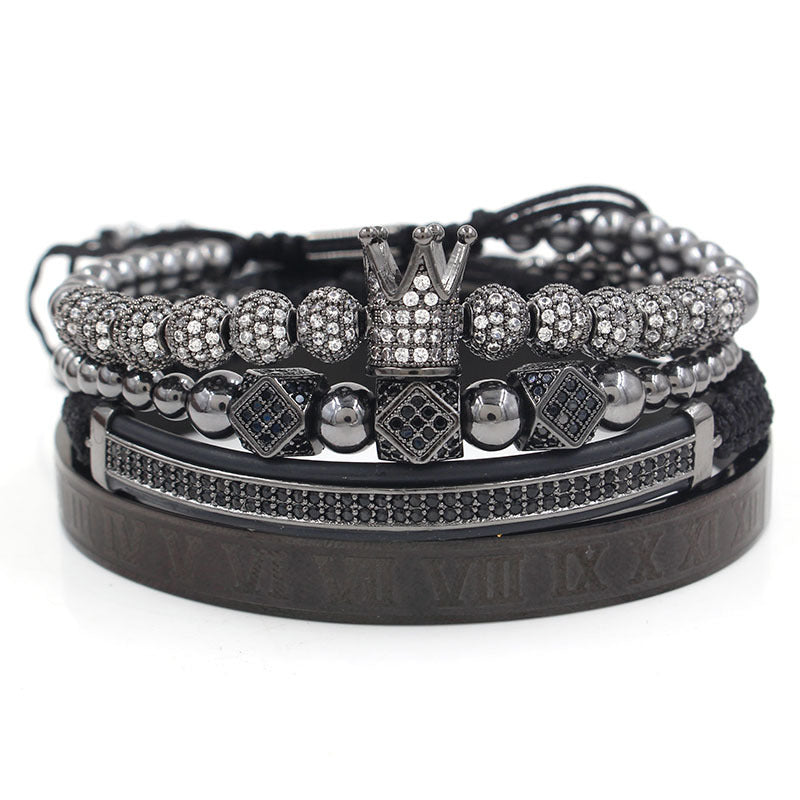 Vintage Punk Geometric Crown Brass Micro-inlay Cubic Zirconia Stainless Steel Braided Bracelet Set for Unisex