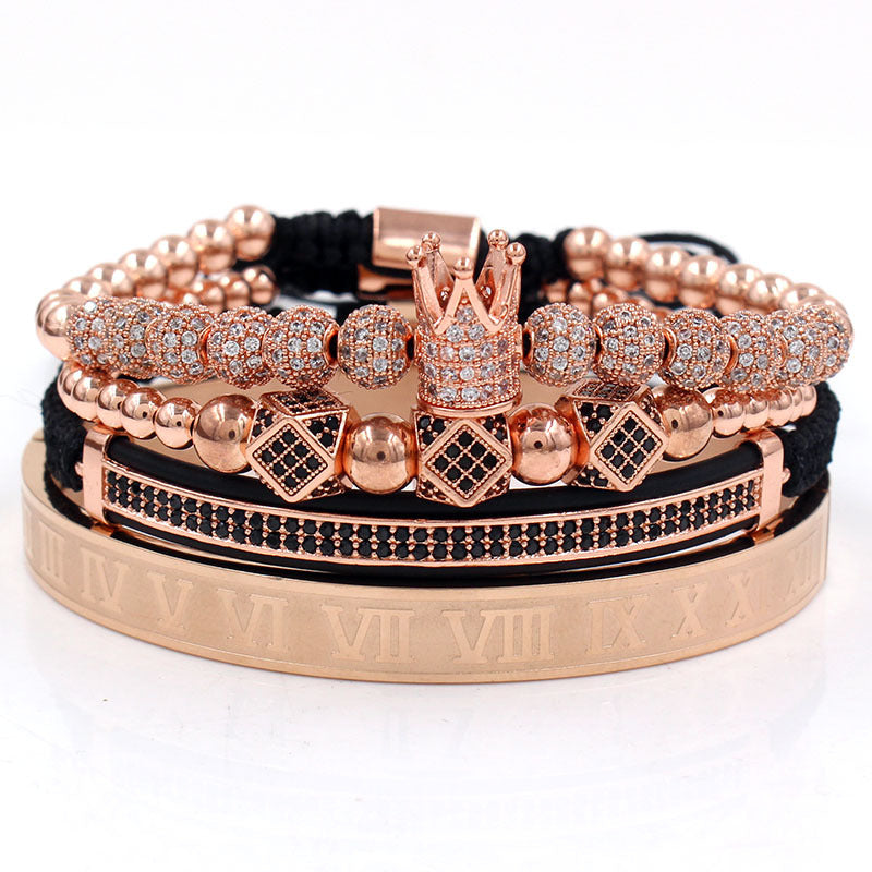 Vintage Punk Geometric Crown Brass Micro-inlay Cubic Zirconia Stainless Steel Braided Bracelet Set for Unisex