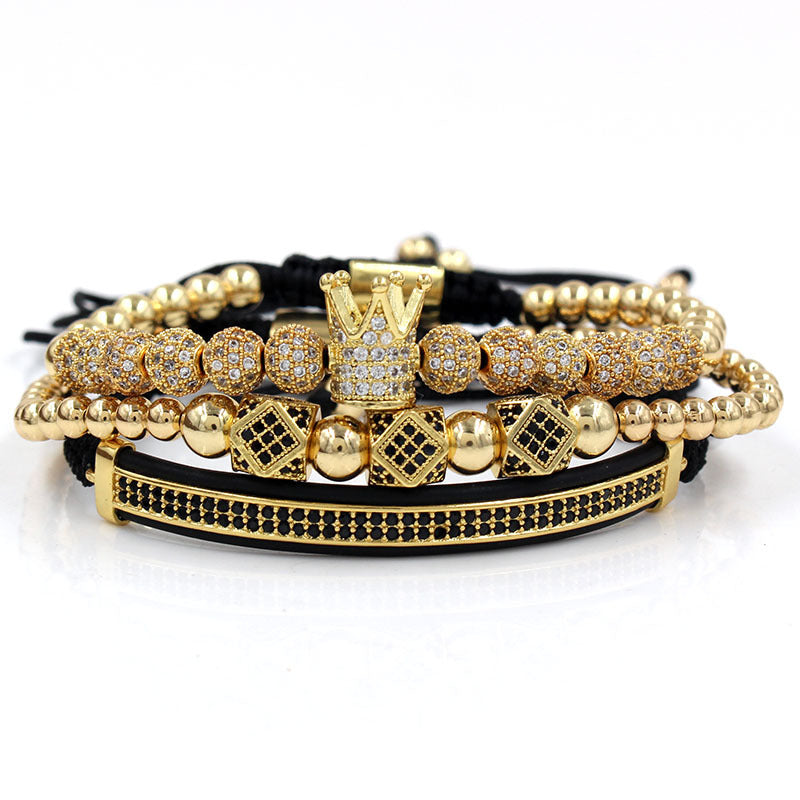 Fashion Business Casual Geometric Moon Crown Micro-inlay Cubic Zirconia Brass Bracelet Set with Double Row Paved Diamonds