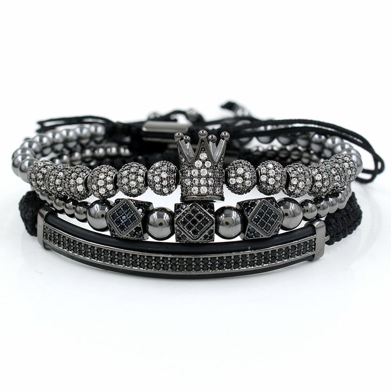 Fashion Business Casual Geometric Moon Crown Micro-inlay Cubic Zirconia Brass Bracelet Set with Double Row Paved Diamonds