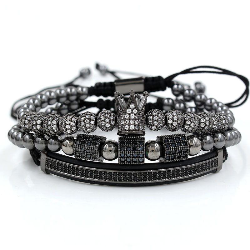 Fashion Commuter Geometric Micro-pave Cubic Zirconia Brass Bracelet Set with Crown Moon and Hexagonal Prism Elements