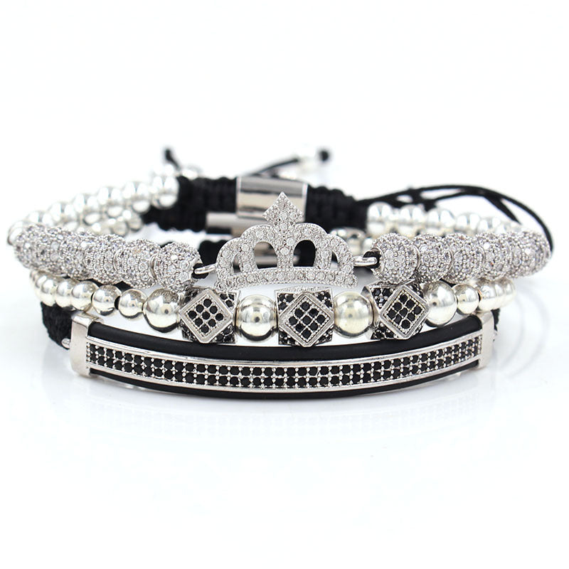 Unique Geometric Crown Moon Micro-pave Cubic Zirconia Brass Bracelet Set