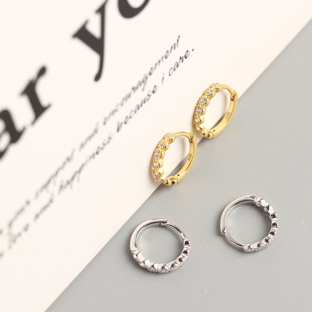 Minimalist 925 Sterling Silver Round Hoop Earrings with Rhinestone Inlay for Women