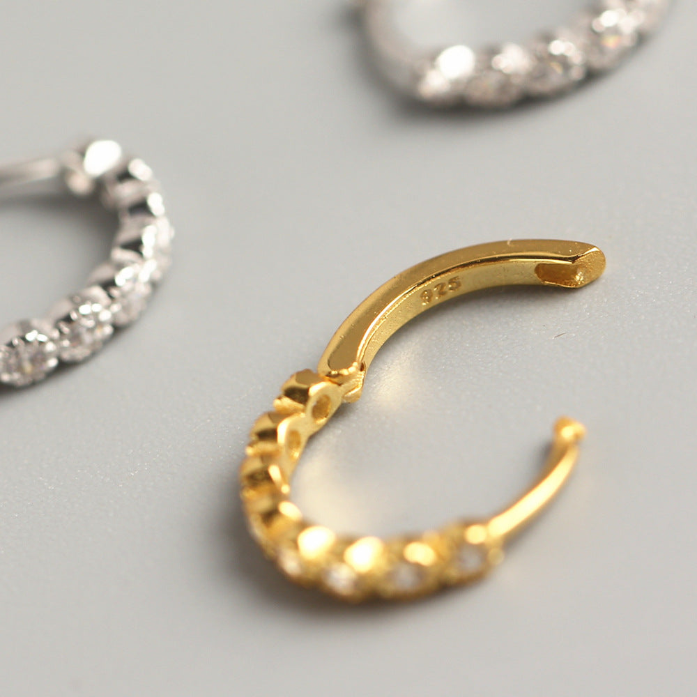 Minimalist 925 Sterling Silver Round Hoop Earrings with Rhinestone Inlay for Women