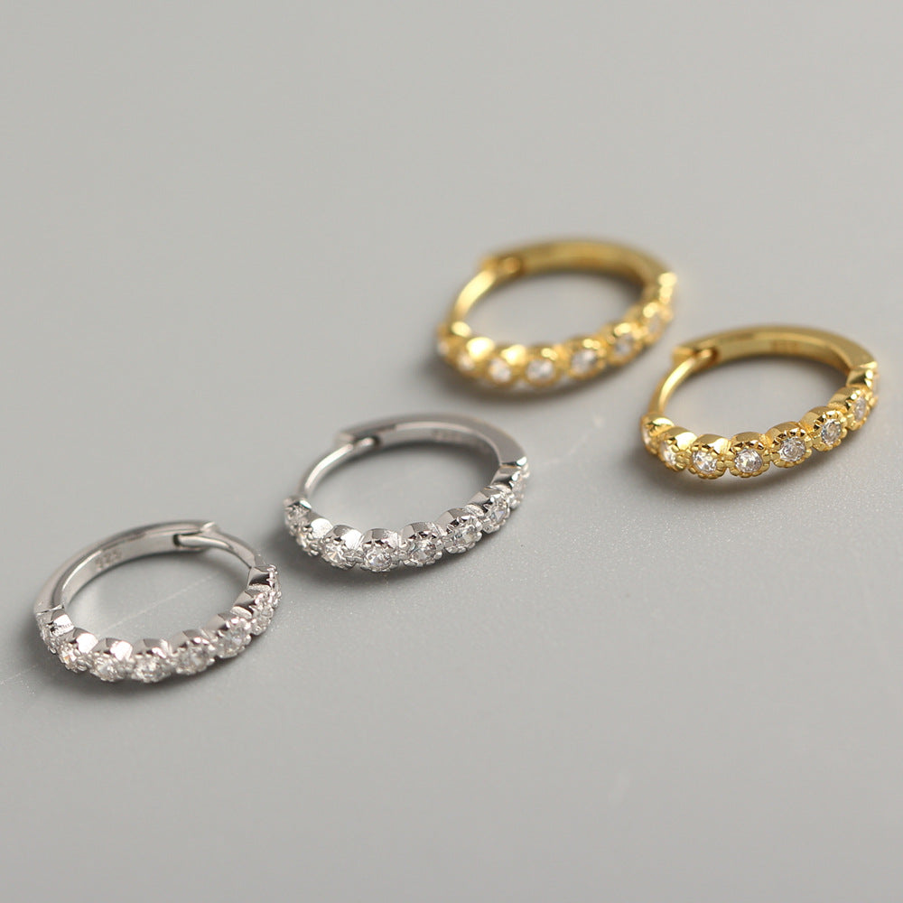 Minimalist 925 Sterling Silver Round Hoop Earrings with Rhinestone Inlay for Women
